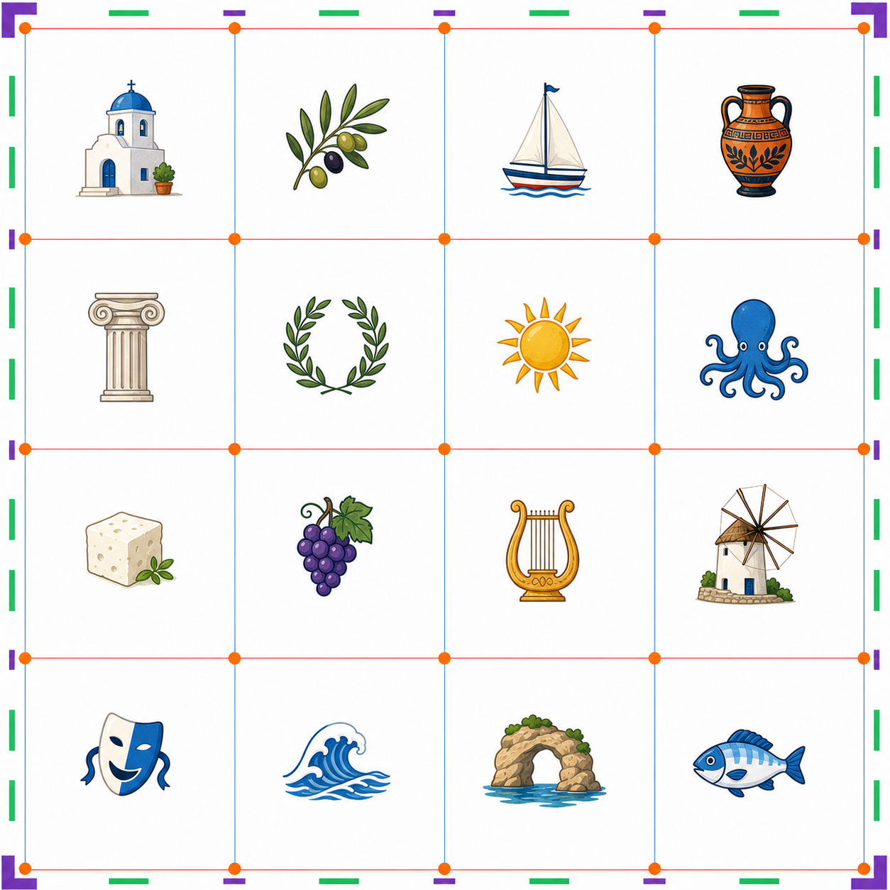 Greece island compact raw color 4x4 icon sheet